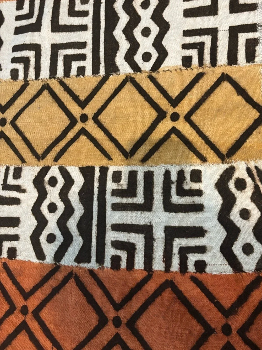 VTG WEST AFRICAN COTTON TRIBAL PRINT RUST MUSTARD BLACK CREAM MUD CLOTH 55”x78”